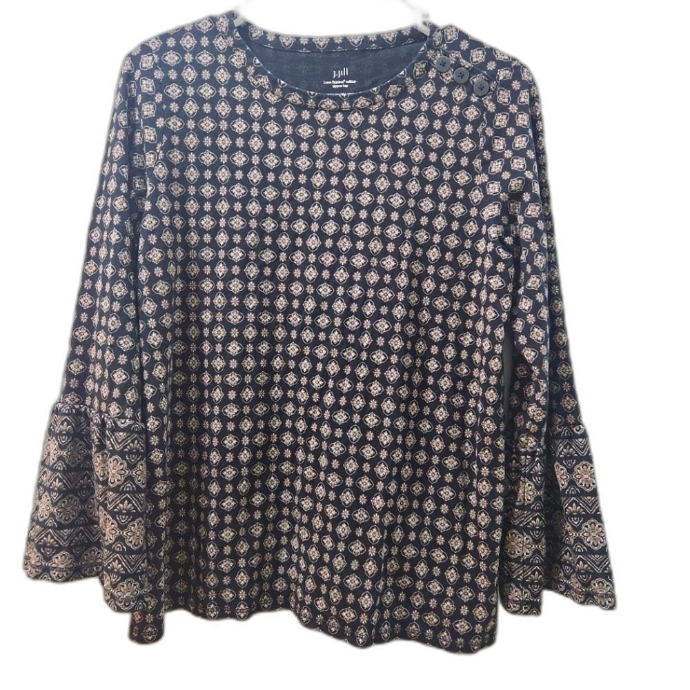 J Jill Luxe Supima Top S Black Floral Ruffle Bell Sleeve Cotton Boho Fairy Tunic